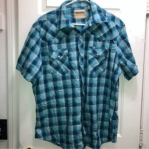 Wrangler Western Shirt Men’s XL Blue Plaid Short Sleeve Pearl Snap